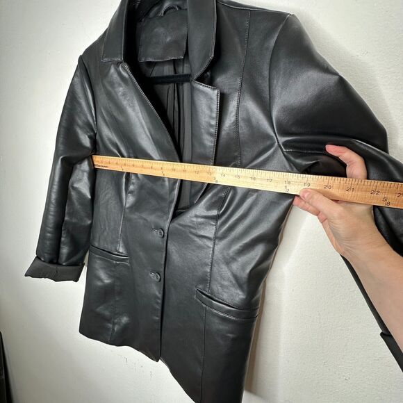 Black Leatherette 2-Button Narrow Lapel Welt Pockets Button Sleeve Blazer Medium - Picture 10 of 11